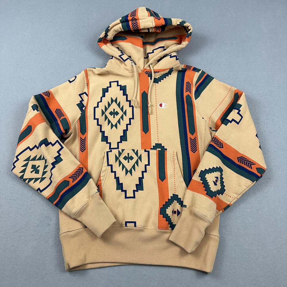 Champion Reverse Weave Hoodie Men Small Beige Aztec Tribal Fleece Pullover S